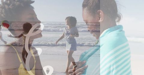 Family Enjoying Vibrant Day at Seashore with Kids Playing