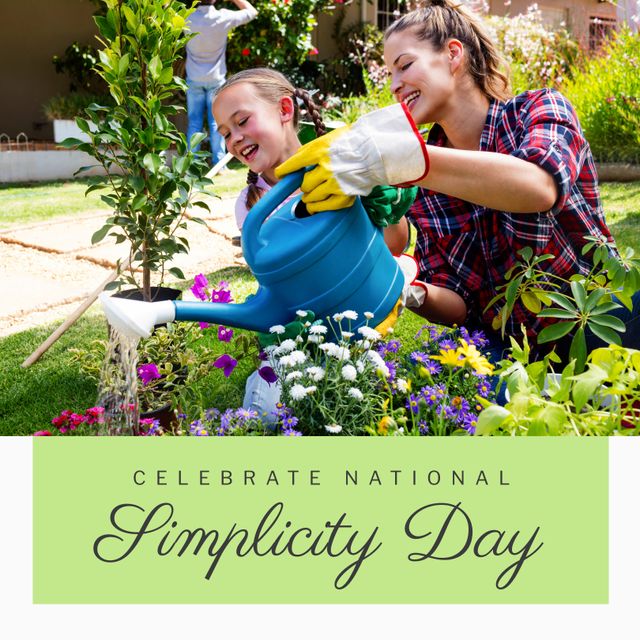Happy caucasian mother and daughter gardening in yard with celebrate national simplicity day text. celebration, peace and simplicity of life concept, shun gadgets, digital composite.