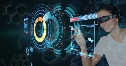 Woman Engaging with Futuristic Virtual Interface Using VR Headset