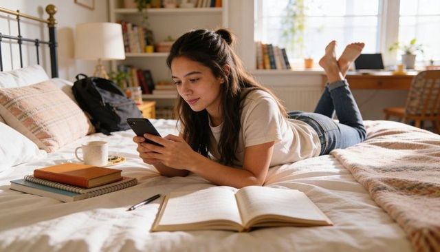 College student lying on bed scrolling smartphone surrounded by notebooks mug laptop