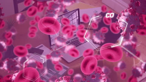 Digital Overlay of Chemical Formulas on Blood Cells Over Workspace