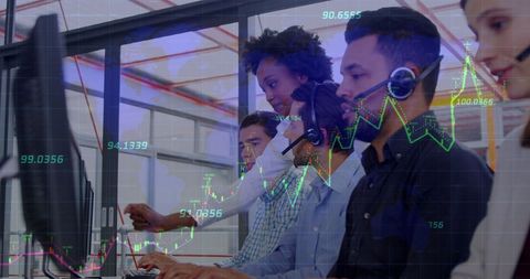 Customer service team analyzing financial data in modern office