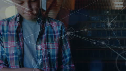 Boy Interacting with Digital Network Graphic