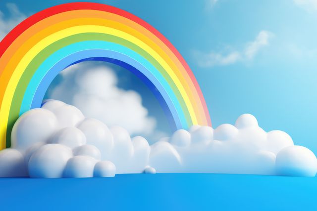 Rainbow arcing over fluffy clouds in a blue sky, suggesting themes of hope, beauty, and weather phenomena. Useful in children's illustrations, weather apps, or designs focusing on positivity and natural beauty.