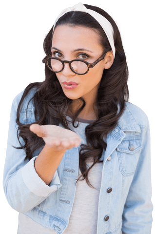 Caucasian Woman Blowing Kiss in Casual Denim Wear on Transparent Background