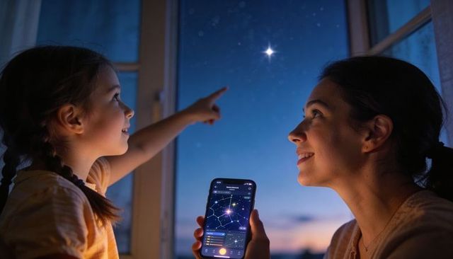 Mother and daughter stargazing holding smartphone star map app pointing at constellation