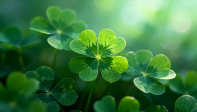 Sunlit four-leaf clover glistening with morning dew macro bokeh – lucky green meadow close-up