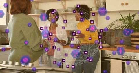 Friends chatting in kitchen with purple social network overlay and digital connection