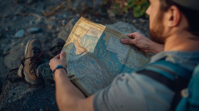Hiker reading topographic map on rocky trail at golden hour with backpack and boots