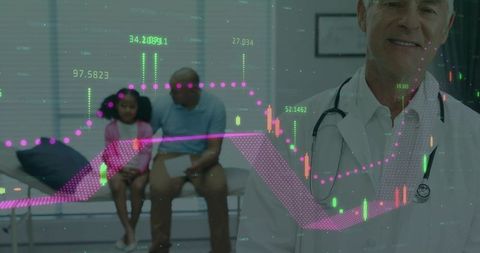 Senior doctor presenting health analytics overlay while parent and child waiting in clinic