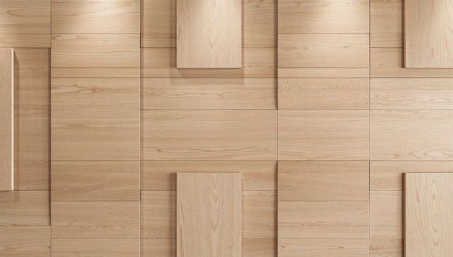 Light oak geometric wall panels creating raised rectangular blocks and wood grain texture