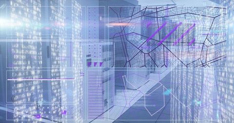 Futuristic digital interface with server room and data visualization