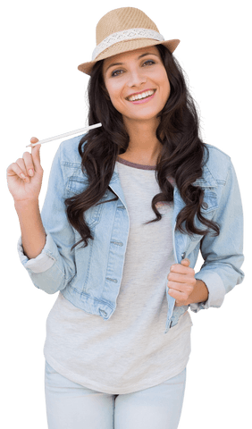 Cheerful Caucasian Woman in Casual Fashion on Transparent Background