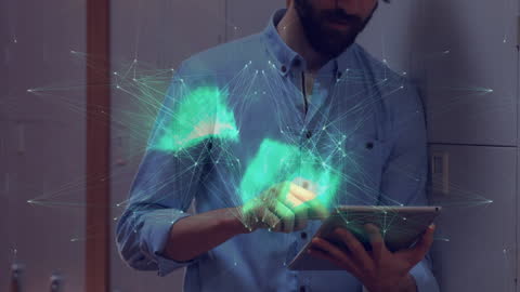 Young Man Engaging with Futuristic Digital Interface on Tablet