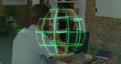 Developer analyzing code with holographic interface in modern office