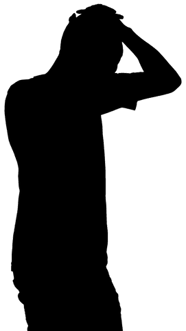 Troubled man holding head silhouette on transparent background