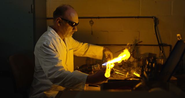 This image depicts a scientist in a laboratory wearing a lab coat and safety goggles while handling high-temperature equipment. The bright flame illuminates his workspace, indicating he is conducting an experiment involving heat. Potential uses for this image include illustrating articles on scientific research, laboratory safety protocols, educational materials, promotional materials for STEM programs, and content related to experimental procedures in engineering, chemistry, or physics.