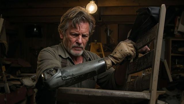 Senior craftsman aligns with precision in workshop, showcasing metal prosthetic