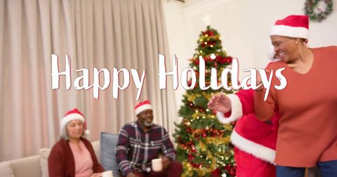 cheerful scene featuring diverse senior friends bonding during the christmas season. wearing festive santa hats and smiles, they express joy and connection. perfect for illustrating joyful holiday celebrations, inclusive family gatherings, and christmas traditions. suitable for marketing seasonal greeting cards, holiday event promotions, and articles on festive customs.