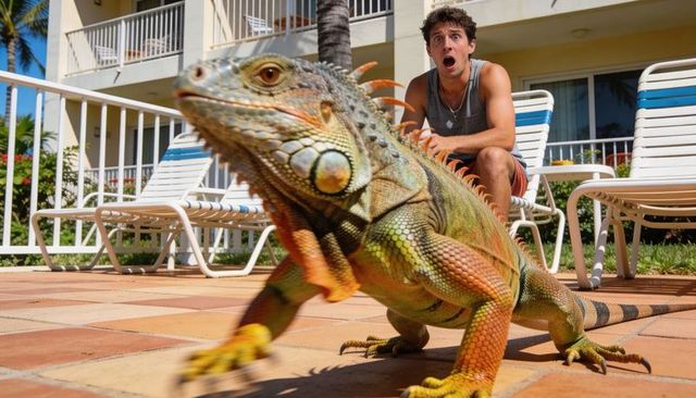 Gasping man crouching and staring at giant green iguana on resort poolside patio