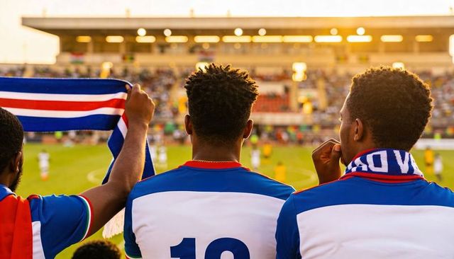 Stadium fans cheering at sunset wearing blue-white jerseys and holding striped scarves