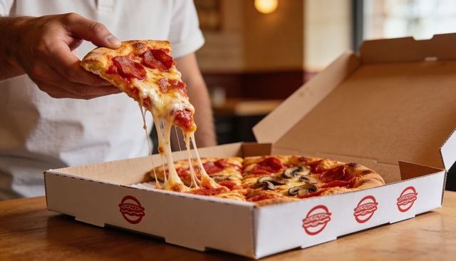 Melting cheese pull from pepperoni pizza slice being lifted from box in cozy pizzeria