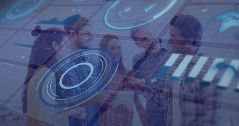 Team Collaborating with Holographic Technology in Modern Office