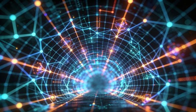 Neon Data Tunnel with Glowing Nodes and Mesh Grid Conveying Futuristic AI Network