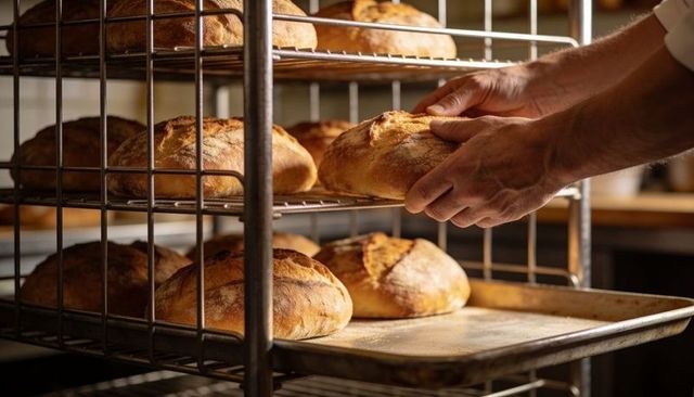 Baker placing rustic artisan sourdough loaves on cooling rack in commercial kitchen