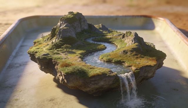 Sunlit miniature floating island with winding river and waterfall on rusted metal tray