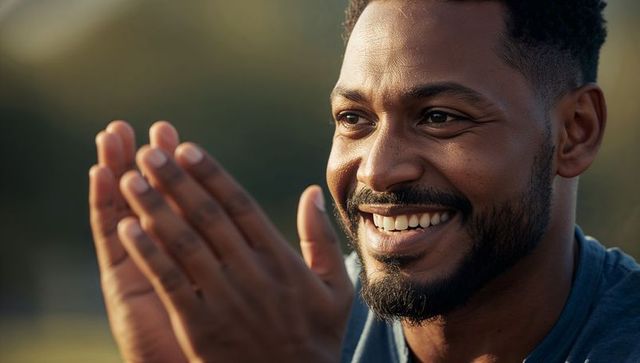 Smiling man clapping hands outdoors during golden hour, closeup lifestyle portrait