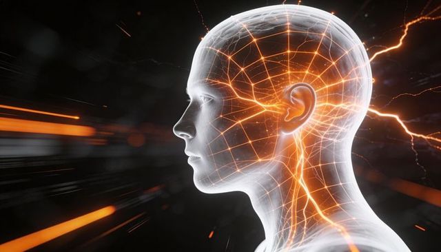 Translucent Head Glowing Neural Grid Orange Data Arcs Futuristic AI Brain Concept
