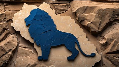 Lion silhouette emblem on cracked sandstone, regal heraldry element