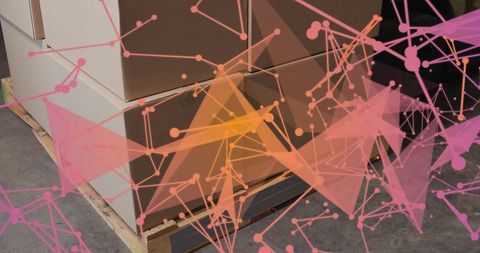 Cardboard boxes stacking on pallet warehouse floor with abstract mesh network overlay