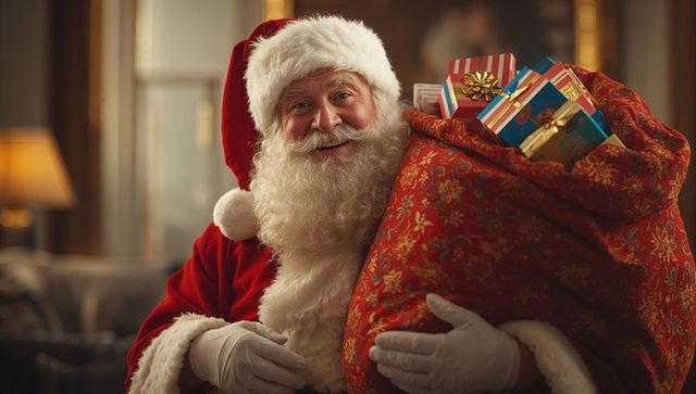 Santa Claus Carrying Gift Sack in Cozy Living Room