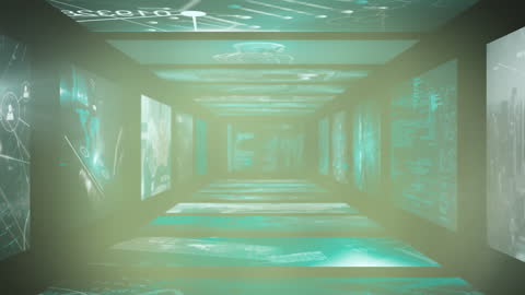 Futuristic Data Stream in Digital Tunnel on Green Background
