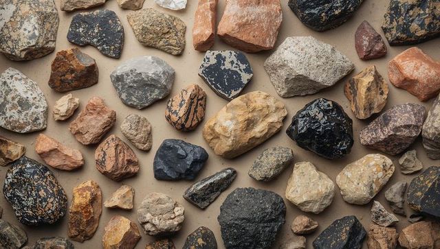 Geology collection flatlay showing varied rock textures, colors and glossy surfaces