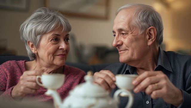 Senior couple sharing cozy tea moment on sofa, sipping and smiling in warm companionship