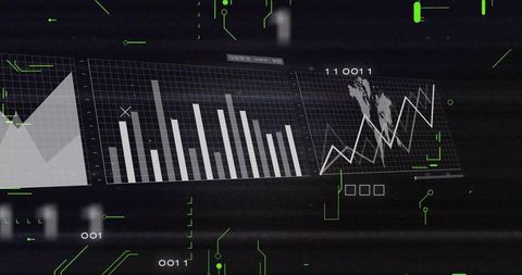 Futuristic Analytics HUD Triptych with Bar Chart, Line Graph and Neon Globe Glyphs Glitch