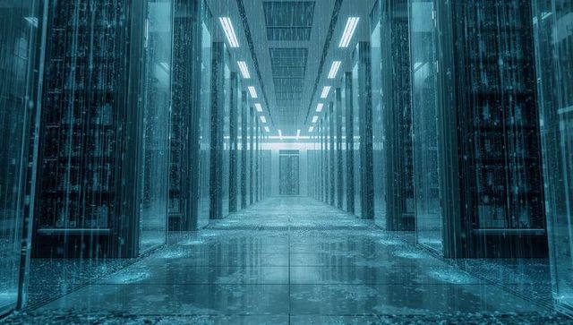 Symmetrical futuristic data center aisle with glass server racks and neon digital rain