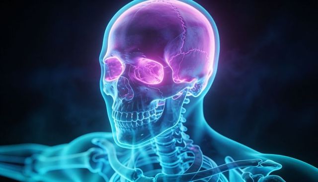Neon translucent skull and upper skeleton medical visualization highlighting cranial sutures