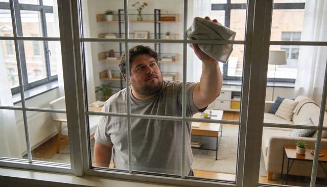 Hispanic man cleaning multi-pane window with cloth in modern urban apartment living room