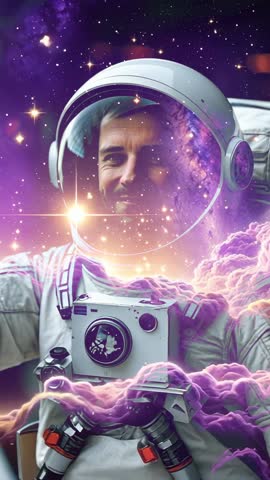 Astronaut Stabilizing in Zero Gravity Amid Violet Nebula with Chest Controls
