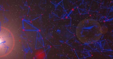 Neon Constellation Network Connecting Blue Lines and Red Nodes Across Cosmic Space