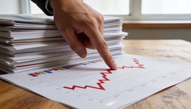 Executive pointing at rising red line on financial report with stacked documents on desk