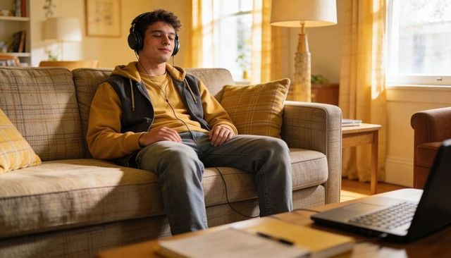 Young man relaxing on sofa listening with headphones, laptop on coffee table, warm cozy living room