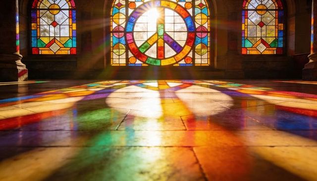 Sunlight streaming through peace-sign stained glass casting vibrant rainbow reflections on chapel fl