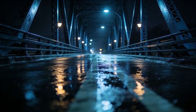 Leading rain-slick steel truss bridge at night, glowing streetlights reflecting on wet roadway