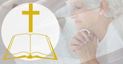 Senior woman praying with bible icon overlay