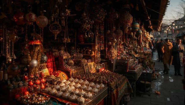 Vibrant artisan market stall with glass lanterns and baubles